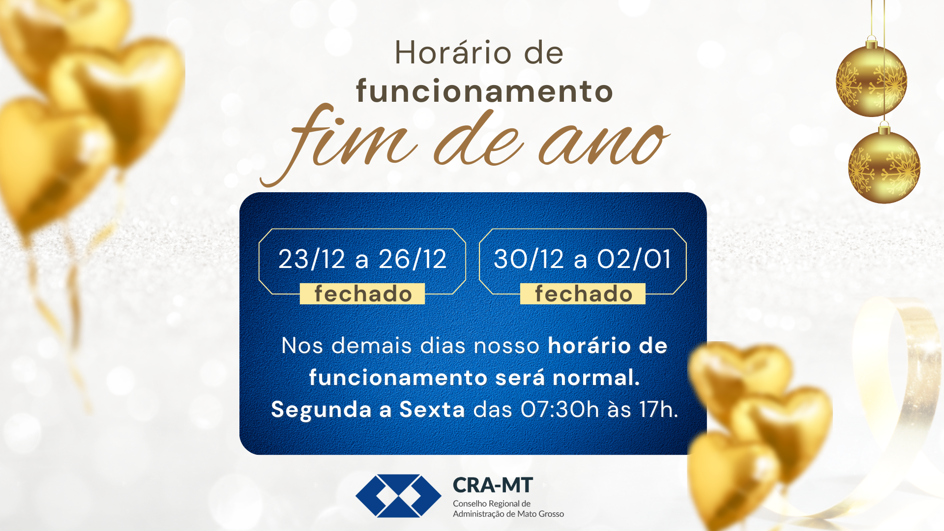 You are currently viewing Horário de Funcionamento do CRA-MT nesse fim de ano.